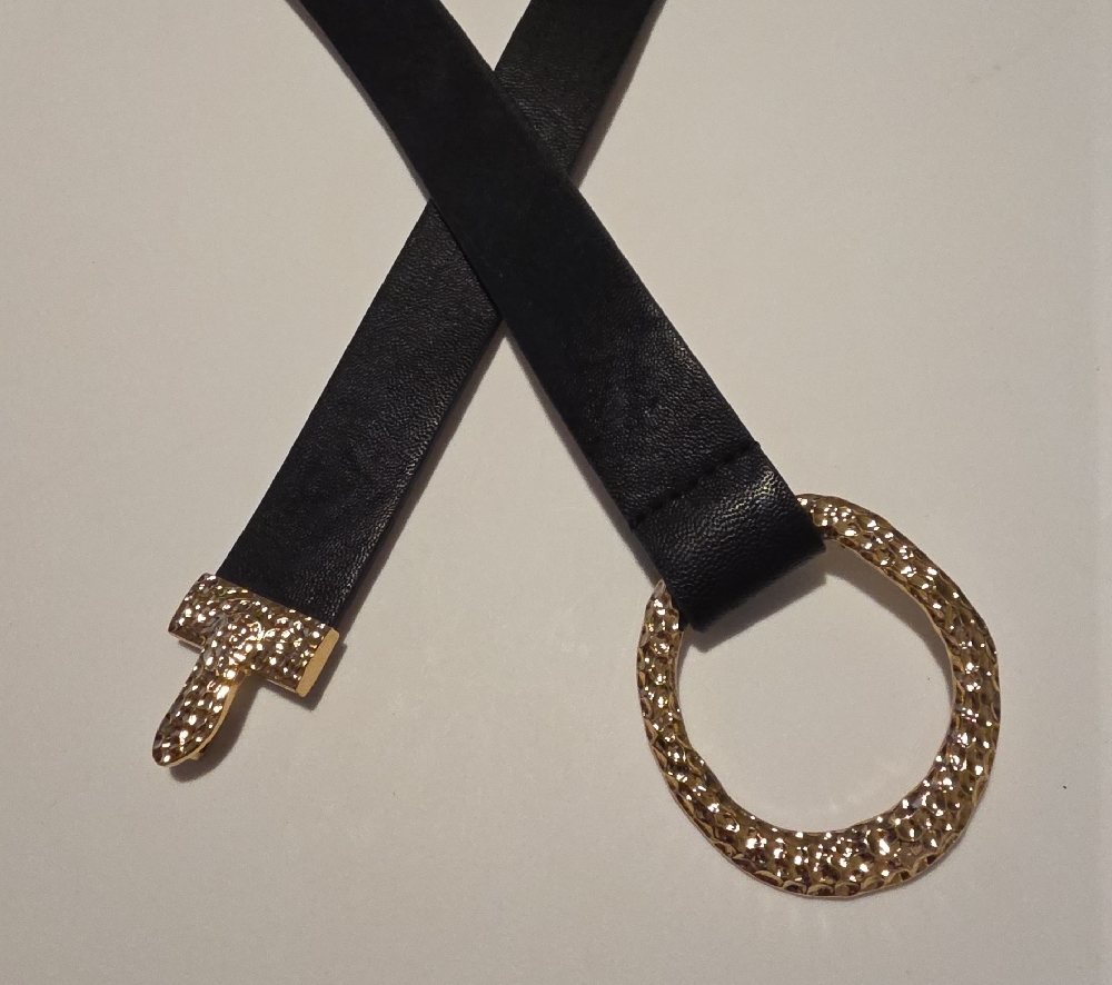 Chico's Black Belt with Textured Gold Round Buckle